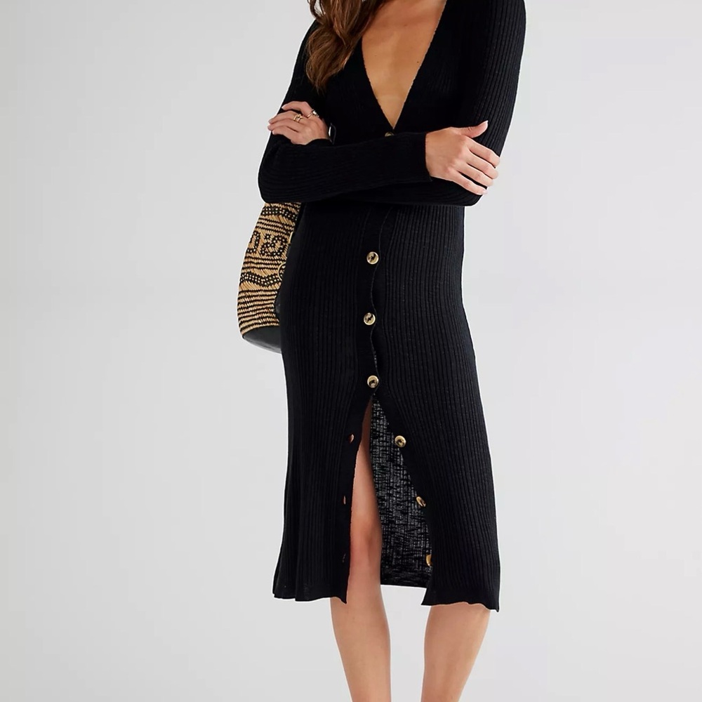 Free People Date Night Cardi Black Ribbed Button-Front Midi Dress NWT